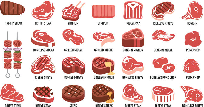 Raw and grilled meat cuts icons set with ribeye steak tri-tip striplin pork chop mignon bbq skewer butcher shop menu flat vector design
