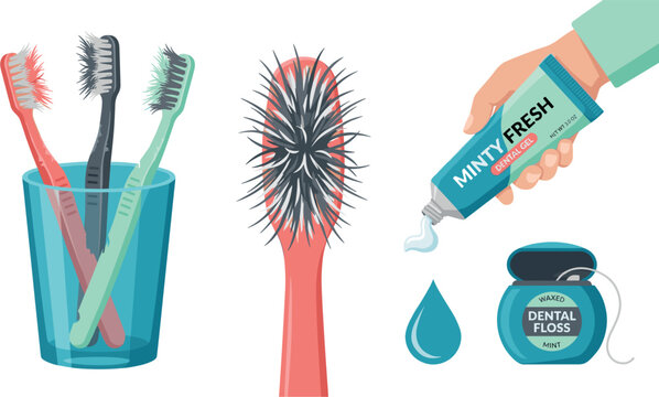 Dental Care and Hygiene Vector Icon Set with Worn Out Old Toothbrushes Frayed Bristles Squeezed Toothpaste Tube and Dental Floss Elements
