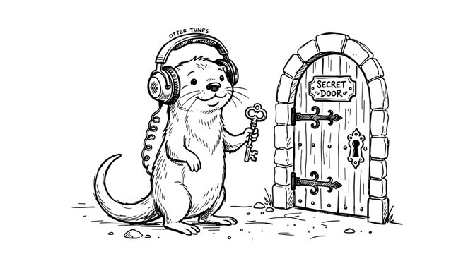 Cute mouse wearing headphones standing in front of a secret door with lock and handle