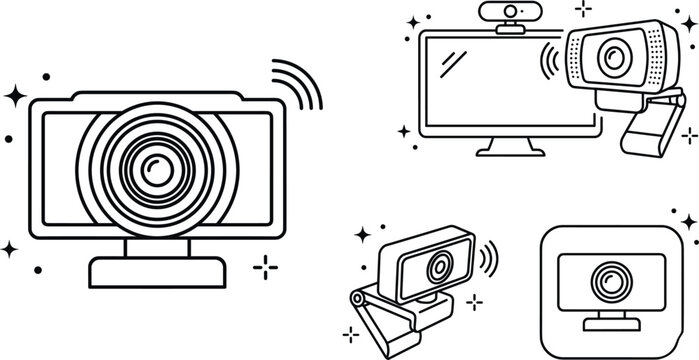 Webcam Computer Camera for Streaming and Video Calls Outline Icon Set Vector