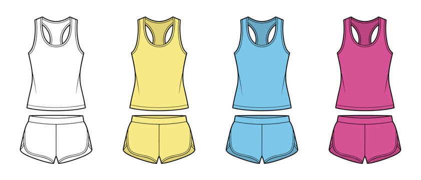 womens racerback tank top set ladies dolphin shorts and vest technical drawing flat sketch vector illustration template. isolated on transparent background cad mockup.