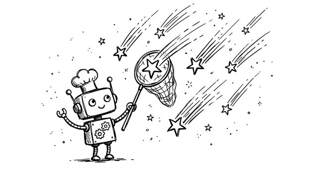 Cute robot chef character holding a spoon with shooting stars and a clock in space scene
