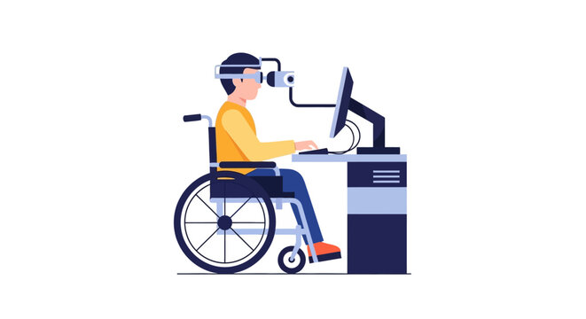 Man in Wheelchair Using Assistive Technology and Eye-Tracking Glasses at Computer Desk, Inclusive Workplace Vector Illustration
