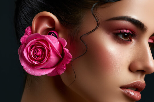 Portrait surr&eacute;aliste d'une femme portant des &eacute;couteurs modernes en forme de boutons de rose rose vif, orn&eacute;s de gouttes de ros&eacute;e. Un concept technologique et po&eacute;tique amusant sur fond noir