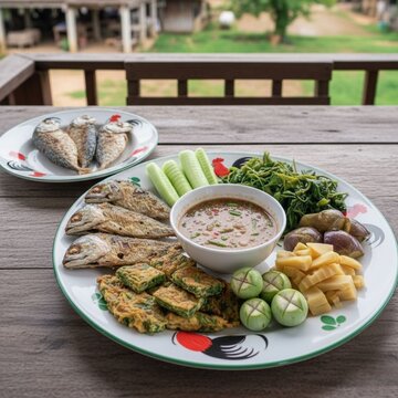 "น้ำพริกกะปิ" (Shrimp Paste Chili Sauce) "Authentic Thai shrimp paste chili sauce (Nam Prik Kapi) served with fresh vegetables"
