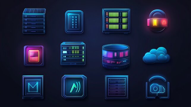 Data center infrastructure icons servers networking cloud computing and security