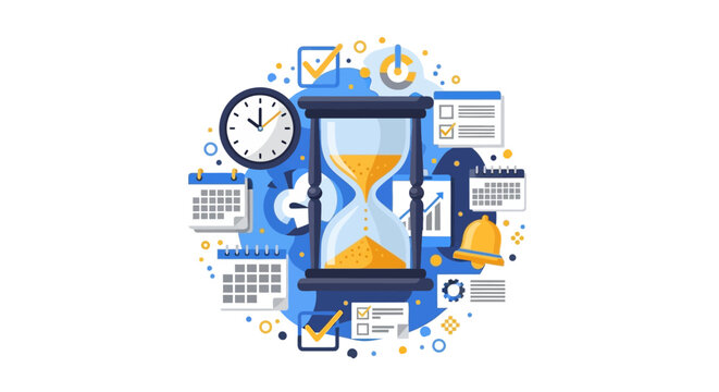 Time Management and Productivity Concept Illustration with Hourglass, Clock, and Calendar