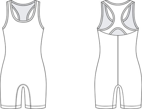 Blank athletic bodysuit flat sketch technical illustration vector template showing front and back views of a racerback wrestling singlet.