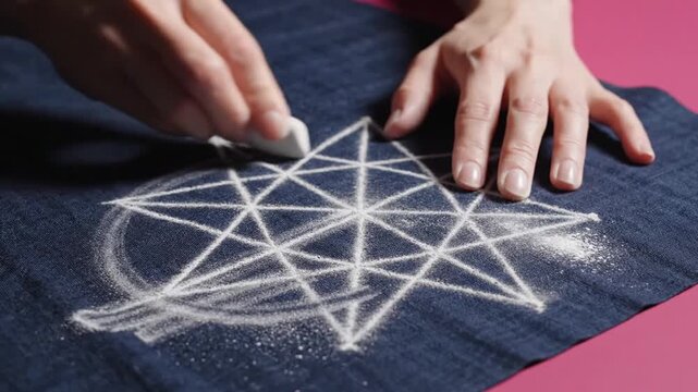 Hands Drawing Geometric Star Pattern with White Chalk on Denim Fabric.