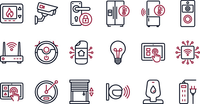 Smart home security and automation icon set with sensors, surveillance, alarms and connected IoT device control in flat vector style
