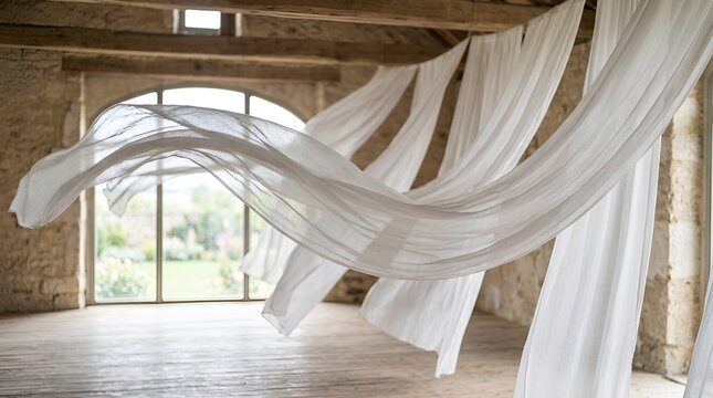 Sheer white fabric draped in airy rustic barn with large arched window
