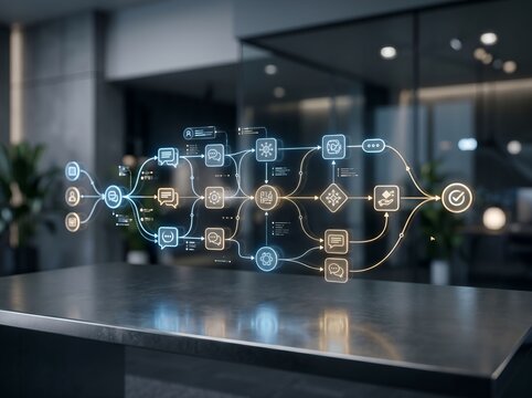 Diagram of interconnected nodes and lines photorealistic rendering