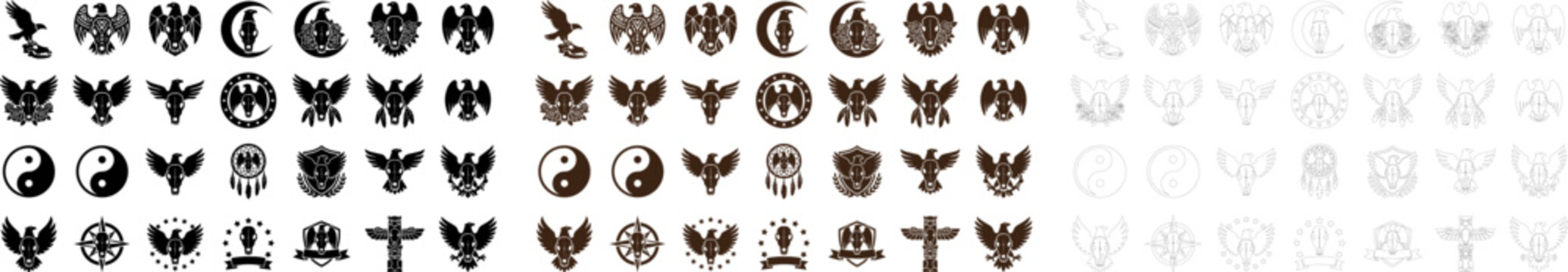 Various symbolic icons including eagles moons yin yang signs and crosses on white background  collection of detailed graphic designs