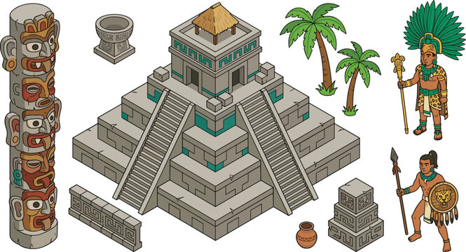 Isometric Mayan Aztec Civilization Element Set with Ancient Step Pyramid Totem Pole Indigenous Warriors Palm Trees and Stone Ruin Vector Graphics