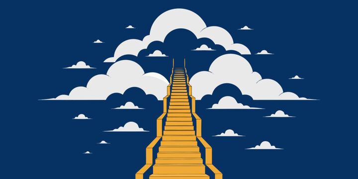 Illustration of a yellow staircase leading to a large white cloud in a blue sky with smaller clouds self belief self improvement self growth self discovery self awareness self reflection