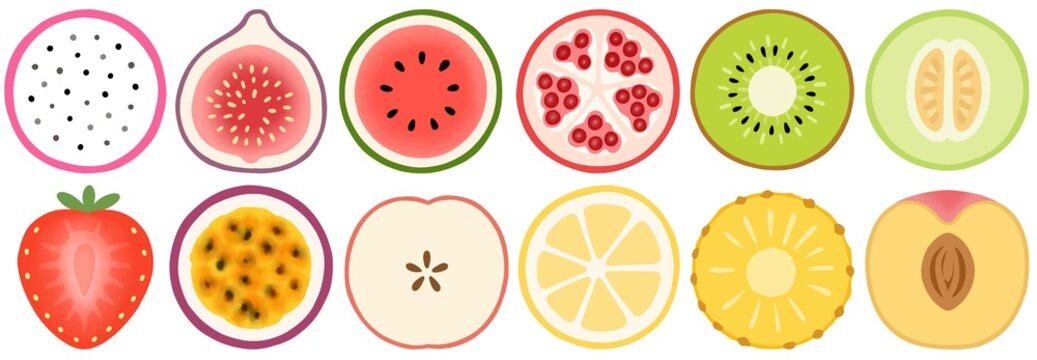 Cute assorted fruit cross section illustration set, half cut fresh fruits icon collection