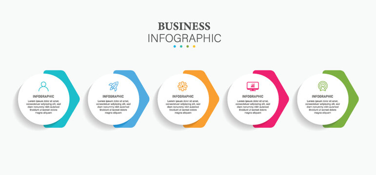 Business infographic elements with circular frames and icons on a white background