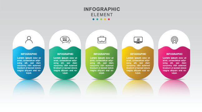Colorful infographic elements with icons and placeholder text on a white background