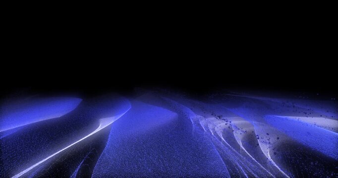 A high tech animation features a camera flyby above purple particle wave streams. The energetic neon streams form a spectacular cyber mesh structure in dark space.