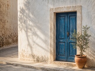 Fototapeta premium Blue door on quiet sunlit street
