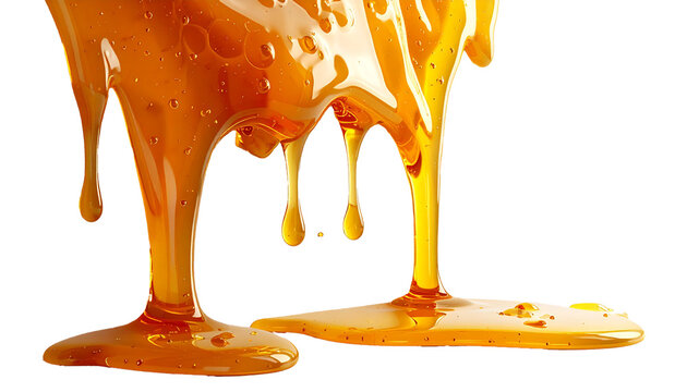 gocce di miele fuso che cola, scontornato su sfondo trasparente, illustrazione 3D