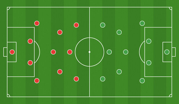 Soccer tactical pitch on green grass background with red and green team players. Football Pitch