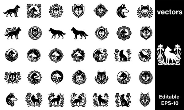 Wolf silhouettes and illustrations with flowers and ornate designs  various black and white graphics of wolves and floral patterns