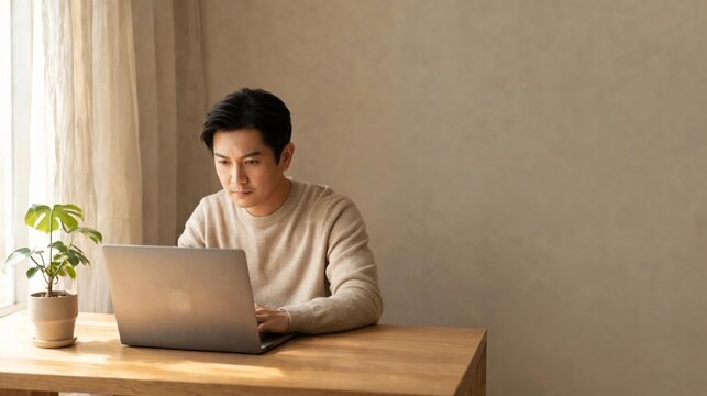 Man Working Laptop Japandi Home Office Natural Light Focused