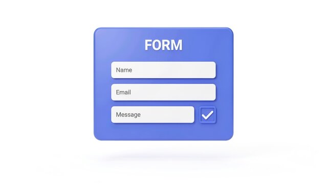 Three dimensional blue contact form interface with input fields displayed isolated on white background