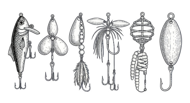 A collection of six fishing lures with hooks and various shapes displayed side by side on a surface