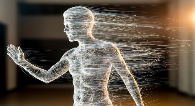 Skeletal model standing on wooden surface in dim light.