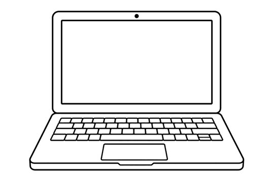 Minimalist laptop line art illustration, open notebook computer with blank screen, simple black and white electronic device sketch for web design
