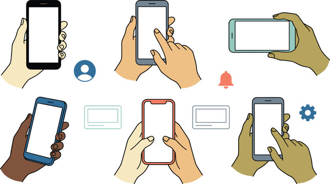 Human hands holding mobile smartphones and touching blank mock up screens vector set with UI interface elements