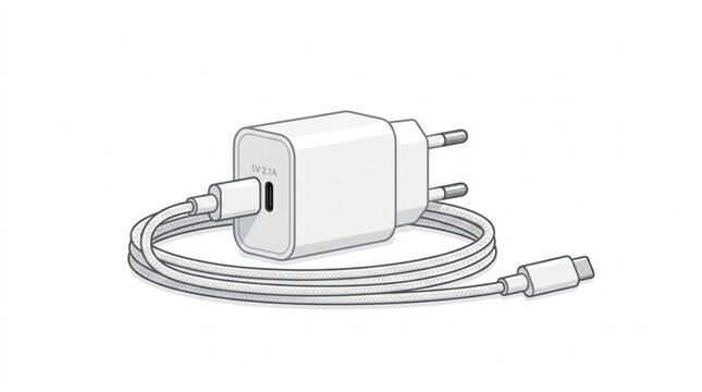 White fast charging wall adapter with USB type C power cable vector illustration isolated on white background