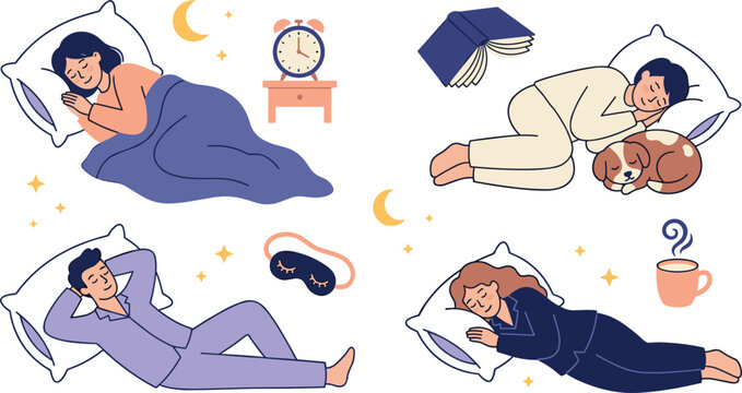 Healthy sleep habits and nighttime routine vector icon set featuring people sleeping comfortably in bed flat illustrations