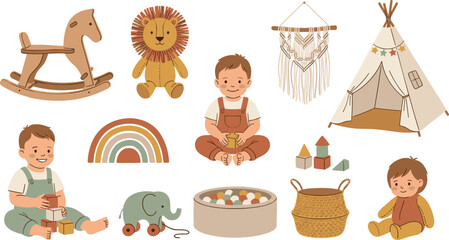 Boho nursery baby playroom vector set featuring rocking horse teepee tent blocks rainbow and cute toddler illustrations © MdNipon