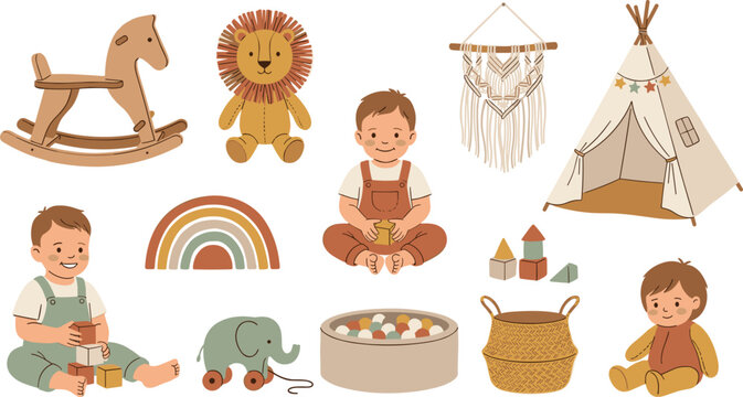 Boho nursery baby playroom vector set featuring rocking horse teepee tent blocks rainbow and cute toddler illustrations