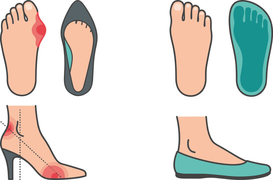 Orthopedic foot care and bunion correction vector set featuring healthy feet vs high heel pain medical illustrations