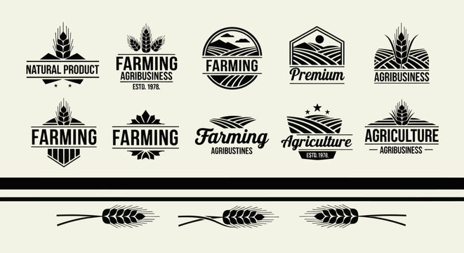 Agricultural logos and icons featuring wheat and farming terms are shown.