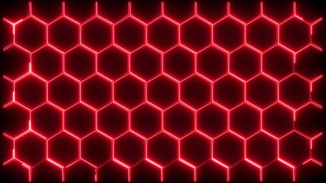 Glowing red honeycomb pattern background, abstract geometric hexagonal texture with neon light effect
