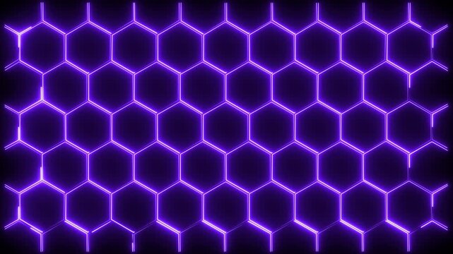 Abstract neon glowing blue hexagonal grid pattern on black background, futuristic honeycomb texture, digital technology wallpaper