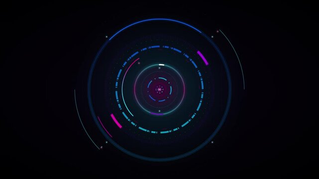 Futuristic hud circular interface animation with neon digital data rings and tech