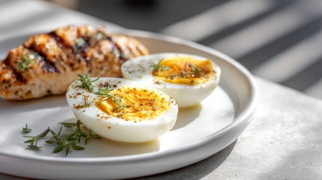 healthy simple meal with egg halves and small grilled chicken portion, white plate and minimal design