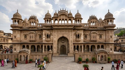 Fototapeta premium Ornate Indian Palace Facade, Jaipur Architecture, Cultural Tourism