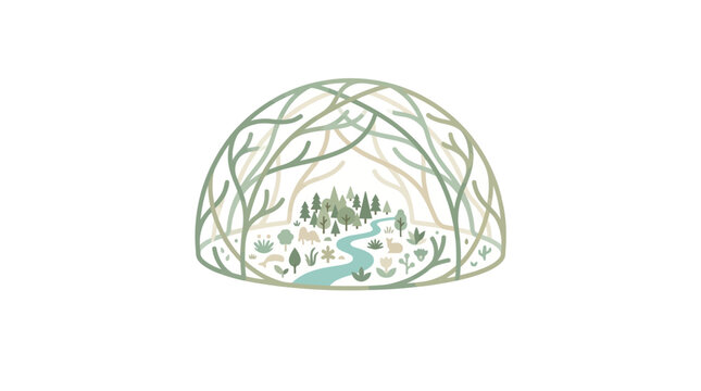 An enchanting abstract illustration depicting a miniature forest ecosystem, beautifully framed by organic, flowing branches that evoke the concept of Nature Memory Rings