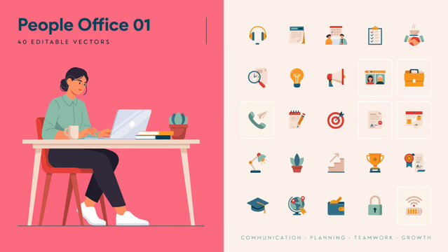 Illustrated office worker using laptop with headphones at wooden desk with pink background vector icons . Editable stroke.