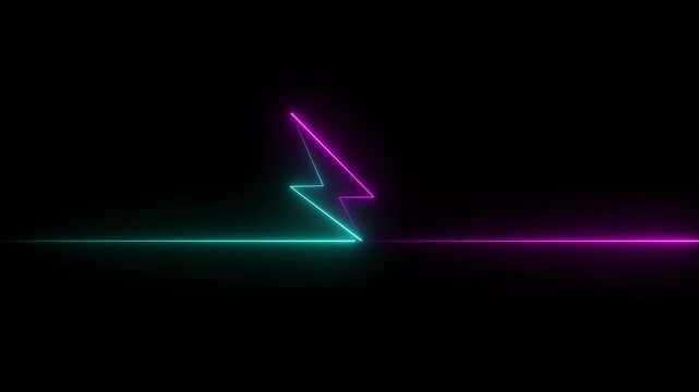 Neon glowing battery charging icon animation with abstract lightning bolt and circular frame on dark background, futuristic electric energy and power symbol