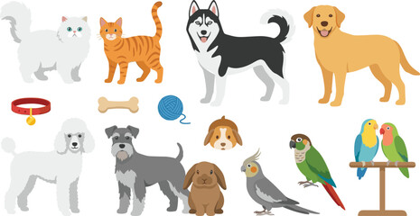 Fototapeta premium Cute domestic pets vector illustration featuring dogs cats parrot lovebirds rabbit yarn collar and bone icons