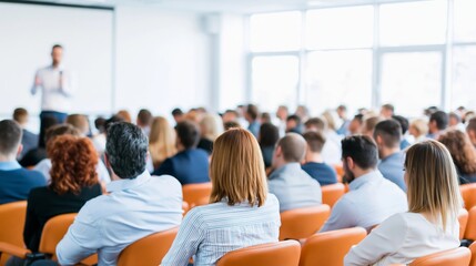 Fototapeta premium Audience members seated in orange chairs listening to a presenter speaking at a seminar in a bright modern conference room