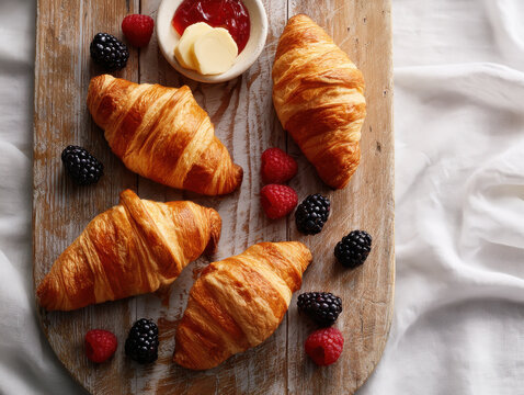 morning breakfast with croissants raspberries blackberries